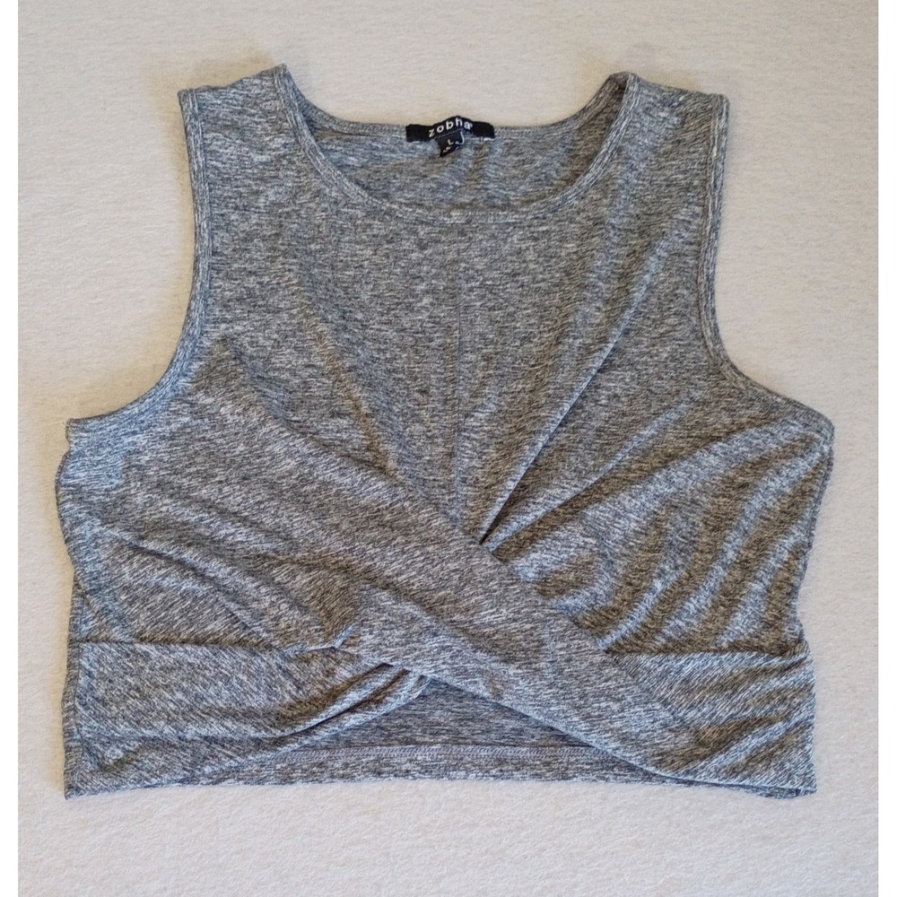 Zobha Women's Cropped Twist Front Sleeveless Tank Heather Gray Crew Neck Large